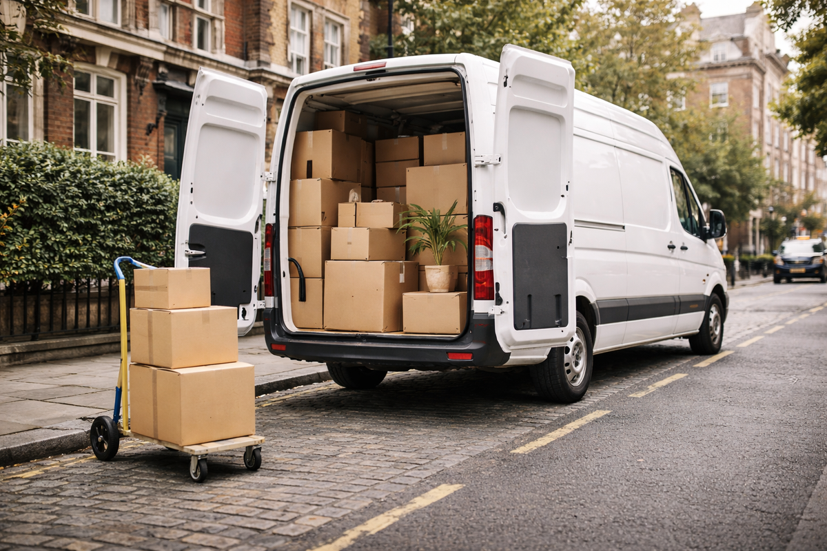 Moving van in urban environment